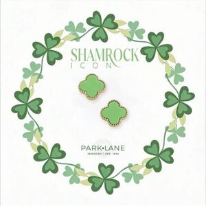 NIB Park Lane Jewelry Shamrock Icon Earrings – Green Lucite & Gold Quatrefoil